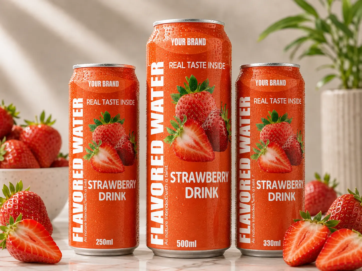 FLAVORED WATER strawberry drink cans in 250ml, 330ml and 500ml sizes.